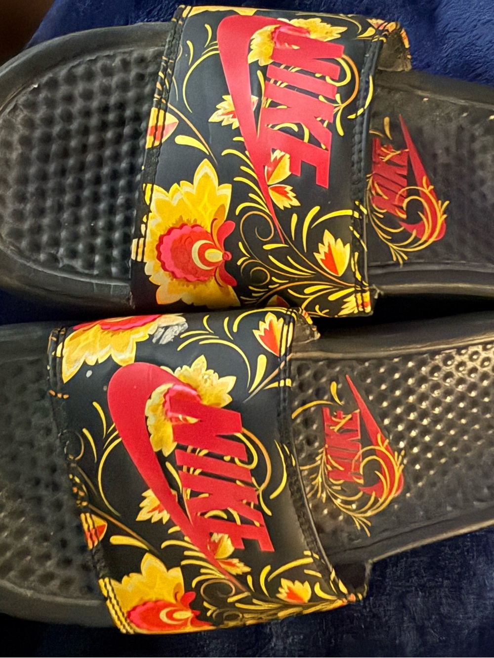 Nike Black Sandal Slides with Floral Accent